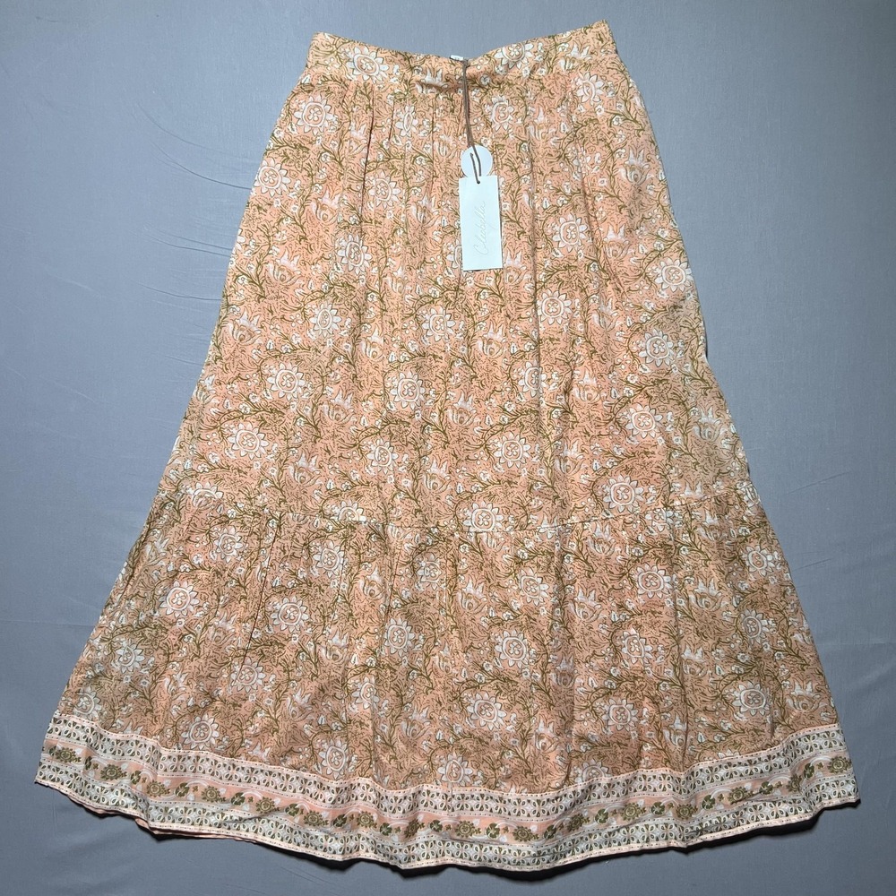 Cleobella Charlene Floral‎ Print Organic Cotton Mulmul Maxi Skirt Cecil Blush M